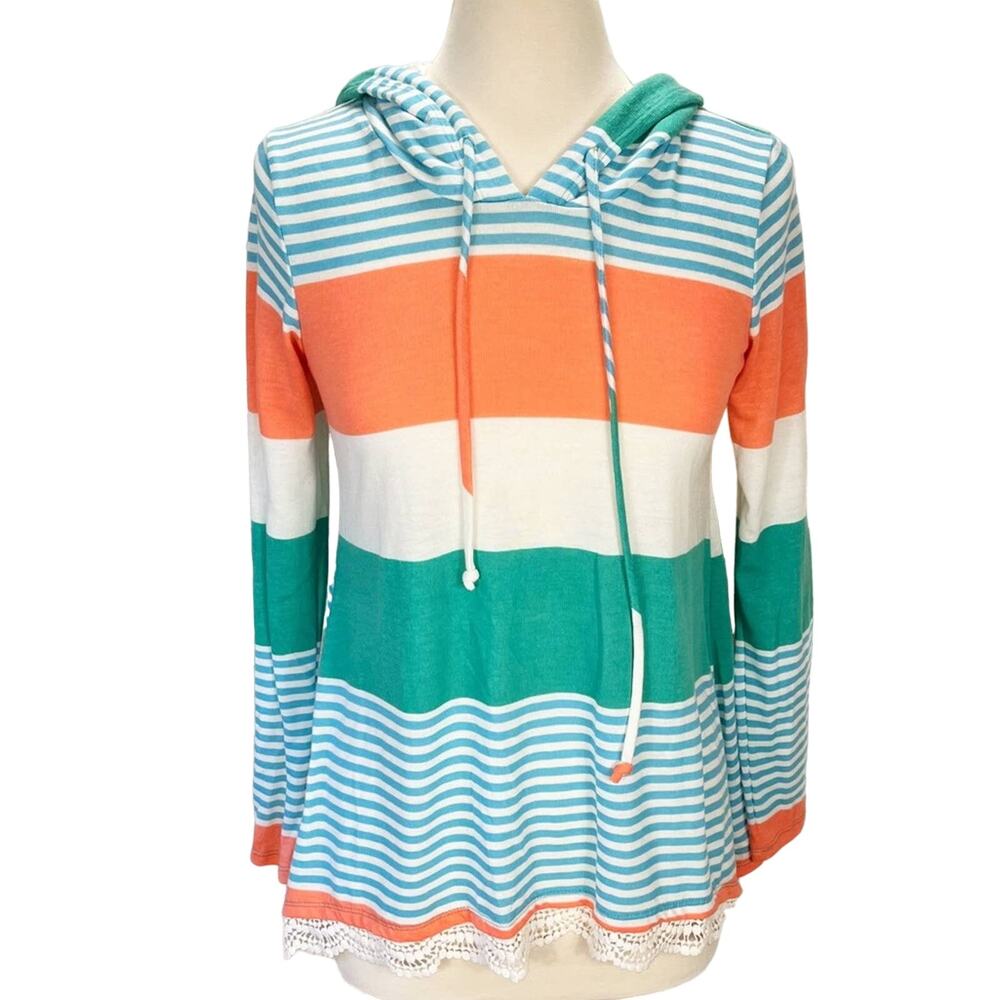 SELF ESTEEM | Multi colored Big Striped Color Block Long Sleeve Lace Hem Hoodie